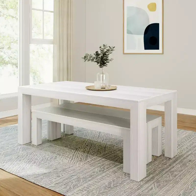 Solid Wood Modern Dining Table Set with 2 Benches – Seats 6, Wirebrush Finish