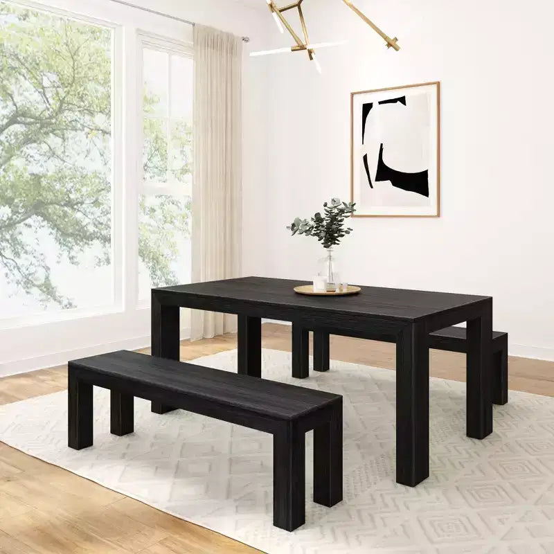 Solid Wood Modern Dining Table Set with 2 Benches – Seats 6, Wirebrush Finish