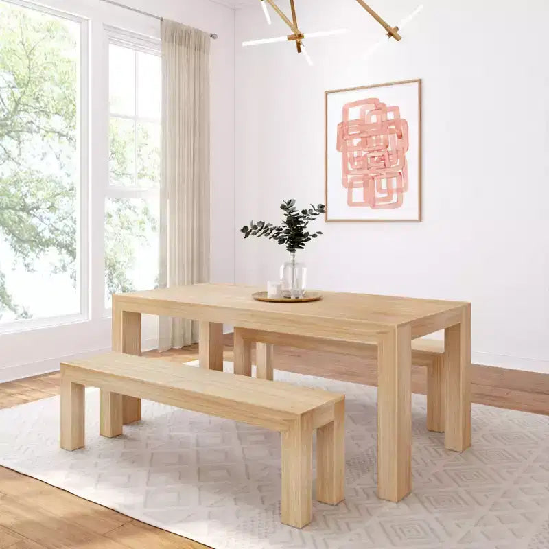 Solid Wood Modern Dining Table Set with 2 Benches – Seats 6, Wirebrush Finish