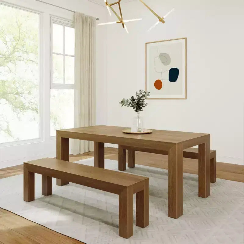 Solid Wood Modern Dining Table Set with 2 Benches – Seats 6, Wirebrush Finish