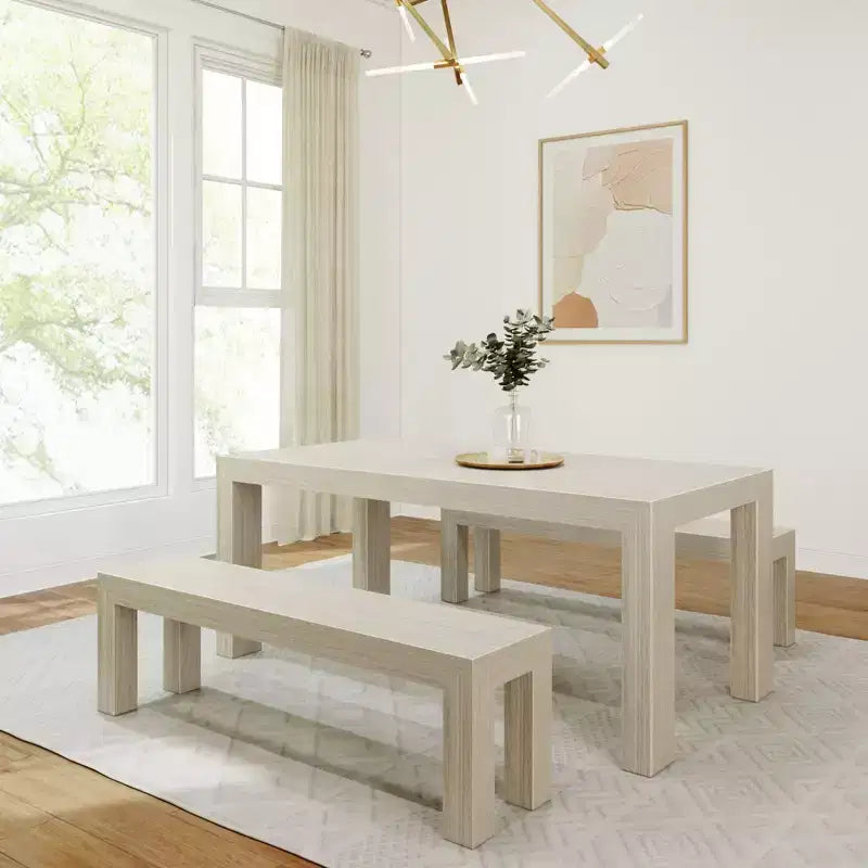 Solid Wood Modern Dining Table Set with 2 Benches – Seats 6, Wirebrush Finish
