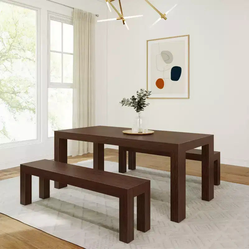 Solid Wood Modern Dining Table Set with 2 Benches – Seats 6, Wirebrush Finish
