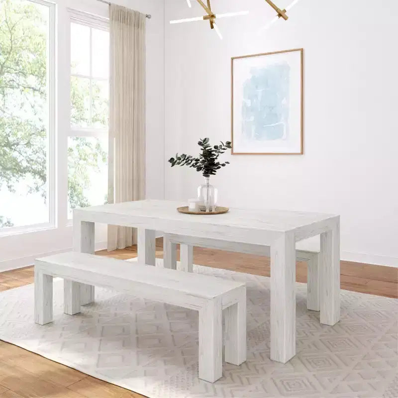 Solid Wood Modern Dining Table Set with 2 Benches – Seats 6, Wirebrush Finish