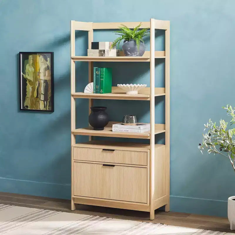 70" Fluted Bookshelf with 3 Shelves & 2 Drawers – MDF & Metal Frame