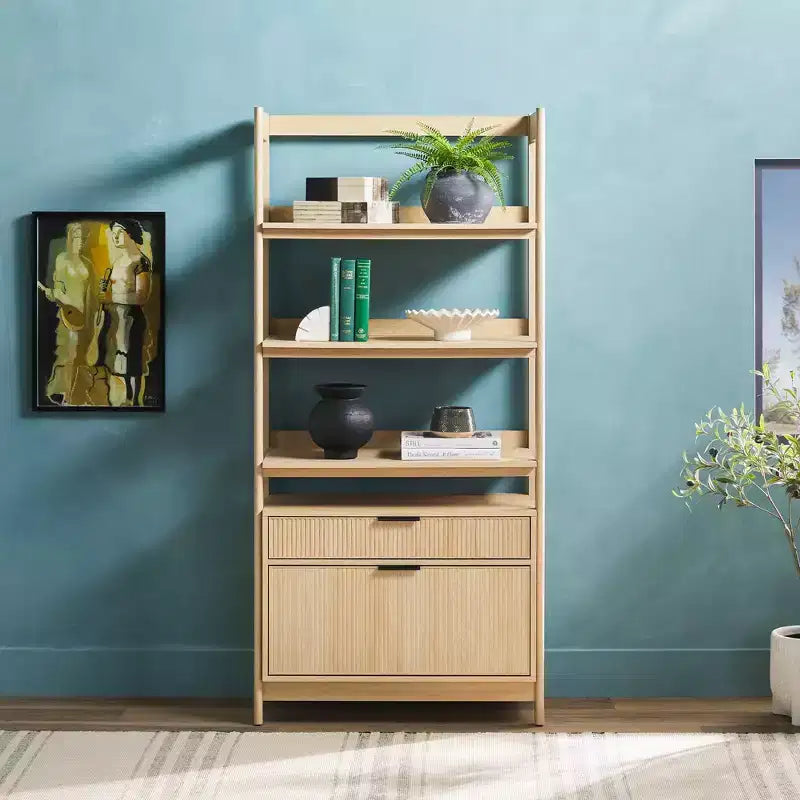 70" Fluted Bookshelf with 3 Shelves & 2 Drawers – MDF & Metal Frame