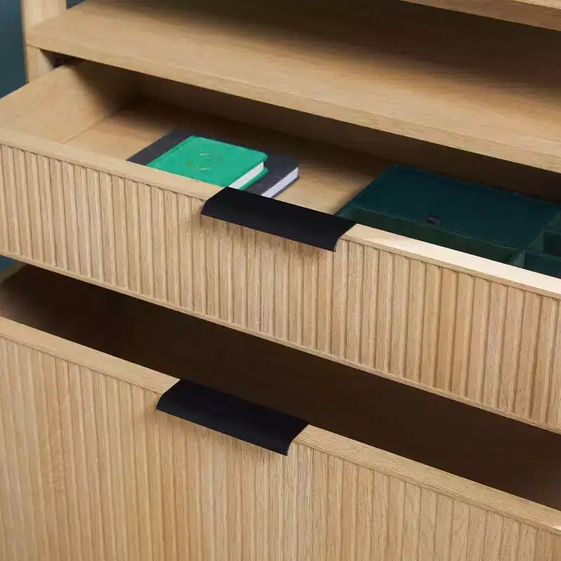 70" Fluted Bookshelf with 3 Shelves & 2 Drawers – MDF & Metal Frame