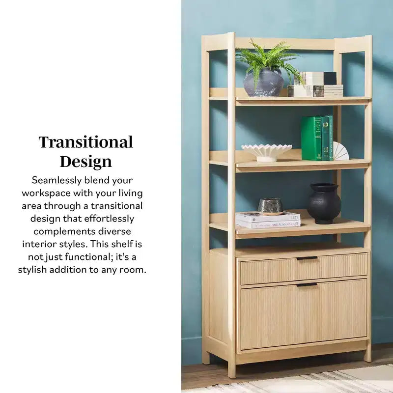 70" Fluted Bookshelf with 3 Shelves & 2 Drawers – MDF & Metal Frame