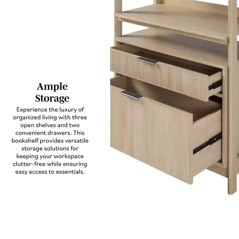 70" Fluted Bookshelf with 3 Shelves & 2 Drawers – MDF & Metal Frame
