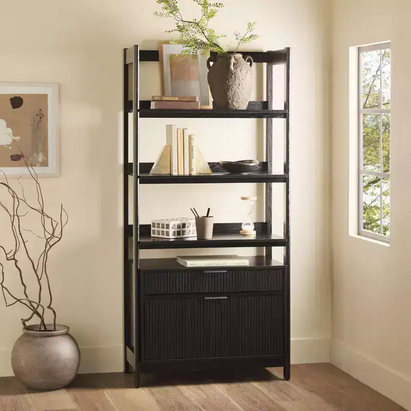 70" Fluted Bookshelf with 3 Shelves & 2 Drawers – MDF & Metal Frame