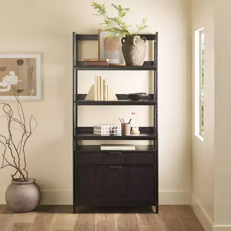 70" Fluted Bookshelf with 3 Shelves & 2 Drawers – MDF & Metal Frame