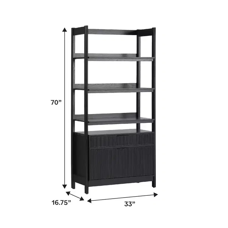 70" Fluted Bookshelf with 3 Shelves & 2 Drawers – MDF & Metal Frame