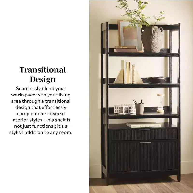 70" Fluted Bookshelf with 3 Shelves & 2 Drawers – MDF & Metal Frame