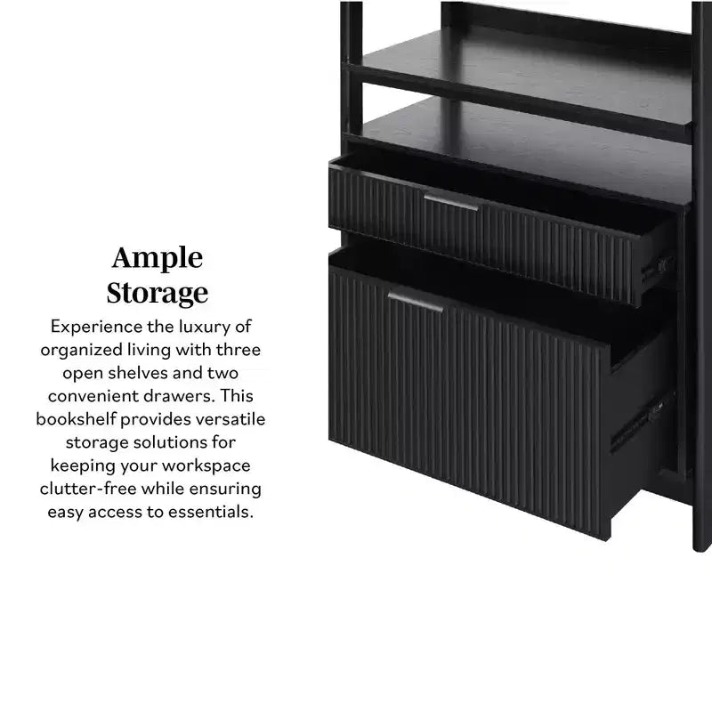 70" Fluted Bookshelf with 3 Shelves & 2 Drawers – MDF & Metal Frame