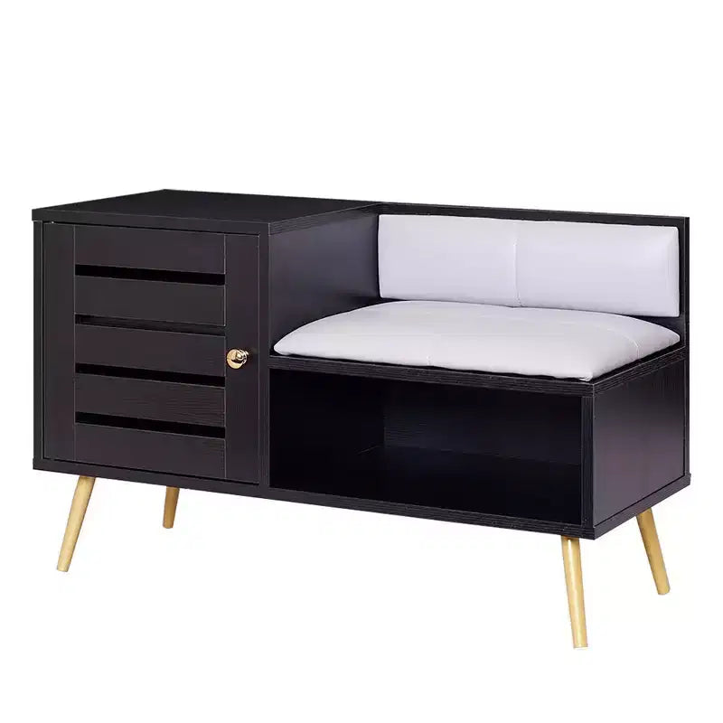 Entryway Shoe Bench with Storage – Removable Cushion, Louvered Door, Holds 6 Pairs