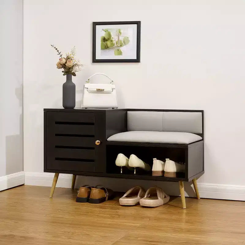 Entryway Shoe Bench with Storage – Removable Cushion, Louvered Door, Holds 6 Pairs