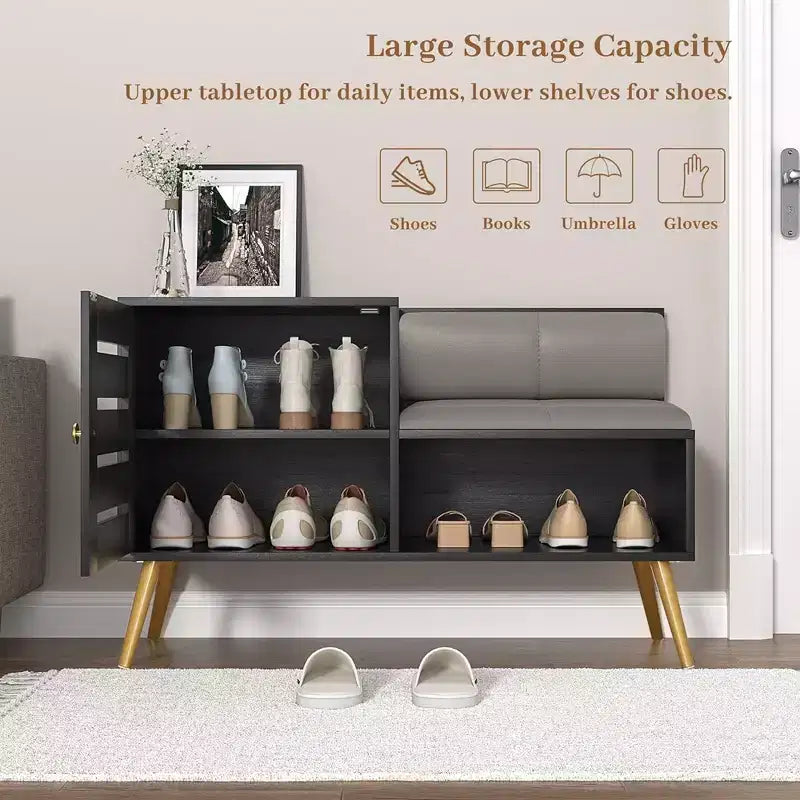 Entryway Shoe Bench with Storage – Removable Cushion, Louvered Door, Holds 6 Pairs