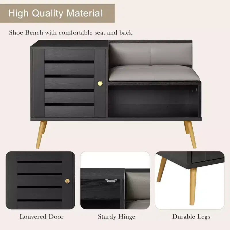 Entryway Shoe Bench with Storage – Removable Cushion, Louvered Door, Holds 6 Pairs