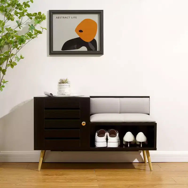 Entryway Shoe Bench with Storage – Removable Cushion, Louvered Door, Holds 6 Pairs