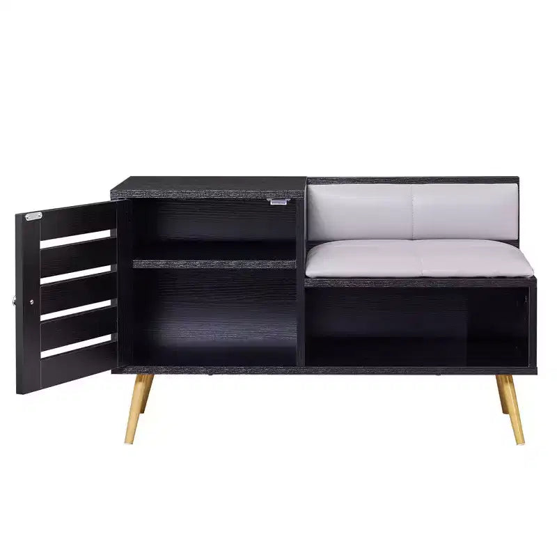 Entryway Shoe Bench with Storage – Removable Cushion, Louvered Door, Holds 6 Pairs