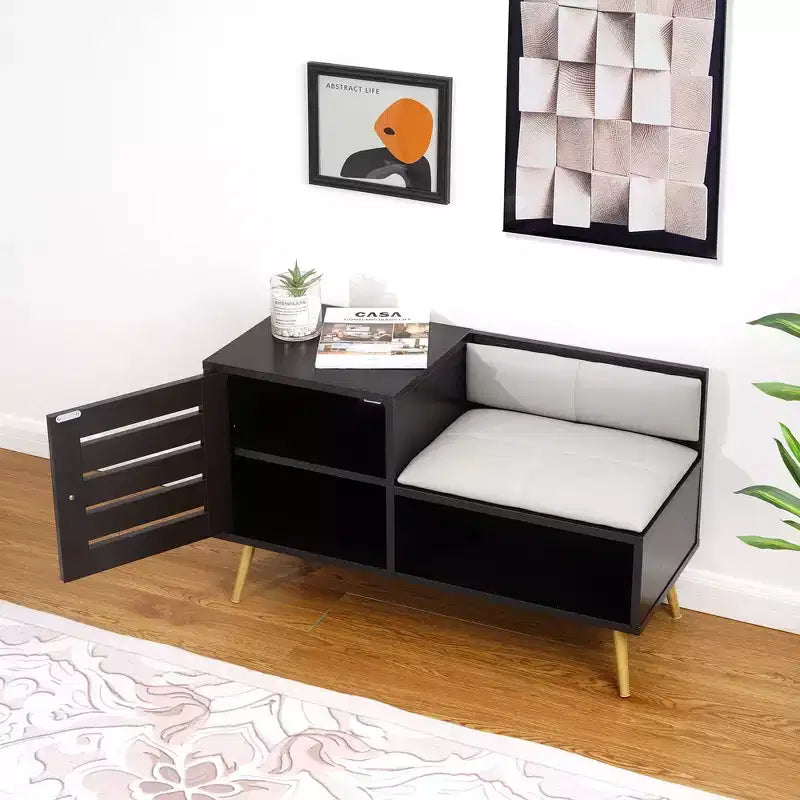 Entryway Shoe Bench with Storage – Removable Cushion, Louvered Door, Holds 6 Pairs