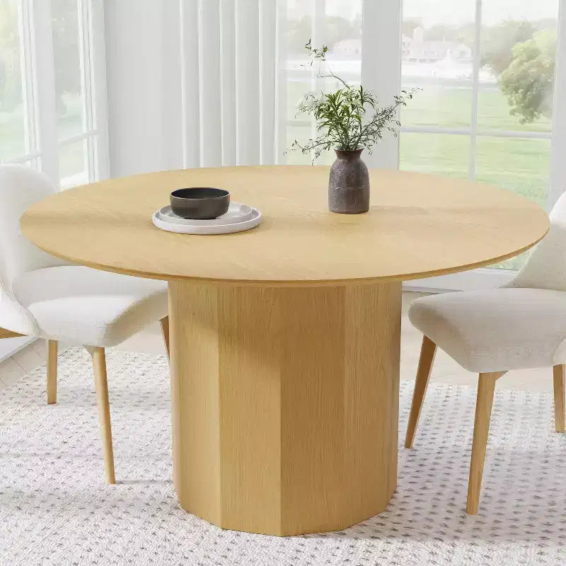 Mid-Century Round Dining Table – Solid Rubberwood, Seats 6, Natural Oak Finish