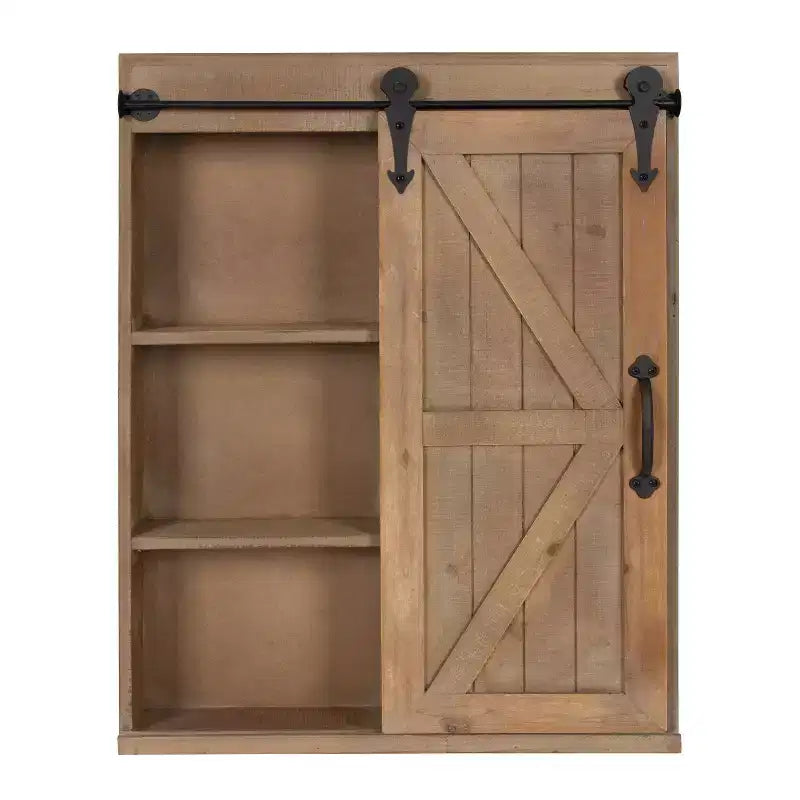 Rustic Wood Wall Storage Cabinet with Vanity Mirror & Sliding Barn Door – 3 Shelves