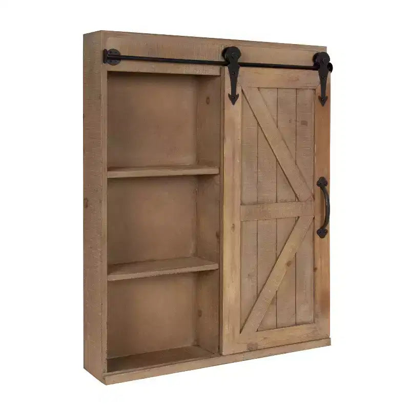 Rustic Wood Wall Storage Cabinet with Vanity Mirror & Sliding Barn Door – 3 Shelves