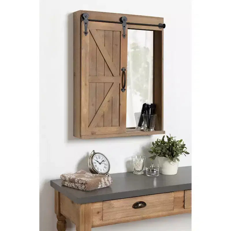 Rustic Wood Wall Storage Cabinet with Vanity Mirror & Sliding Barn Door – 3 Shelves