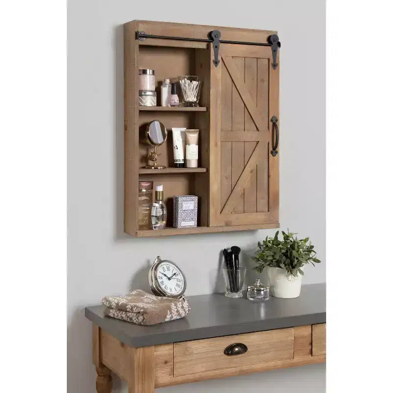 Rustic Wood Wall Storage Cabinet with Vanity Mirror & Sliding Barn Door – 3 Shelves