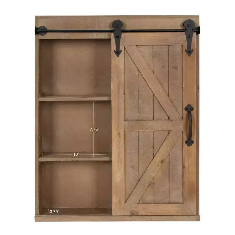 Rustic Wood Wall Storage Cabinet with Vanity Mirror & Sliding Barn Door – 3 Shelves