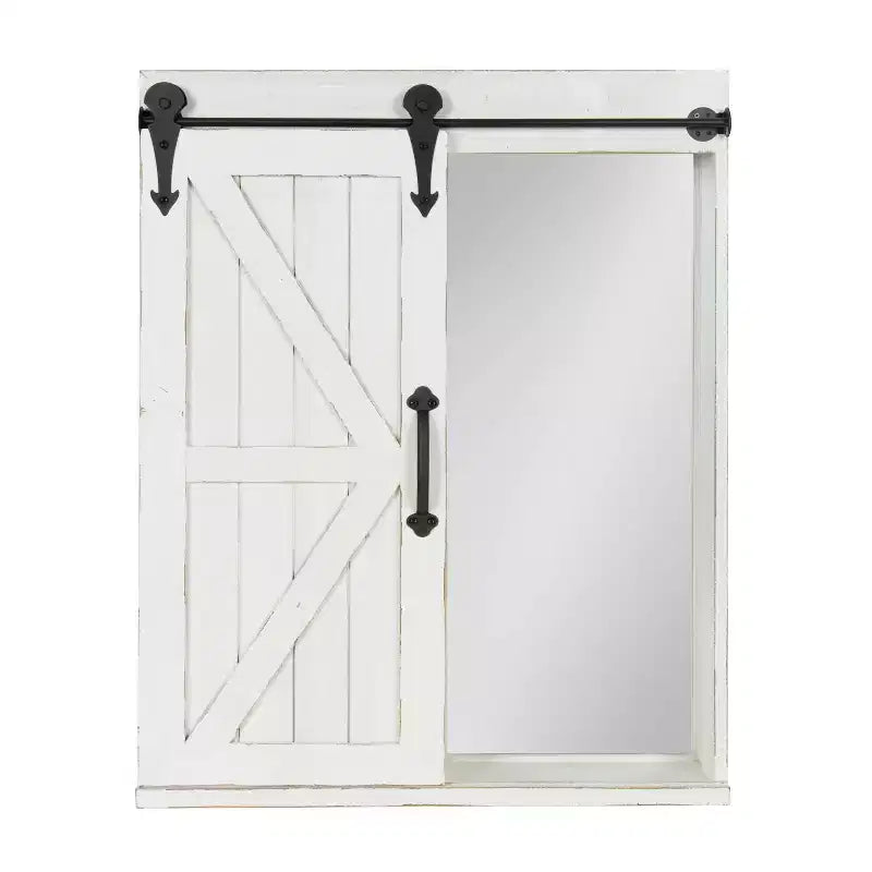 Rustic Wood Wall Storage Cabinet with Vanity Mirror & Sliding Barn Door – 3 Shelves