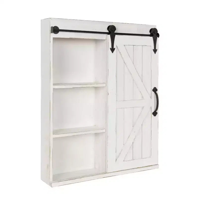 Rustic Wood Wall Storage Cabinet with Vanity Mirror & Sliding Barn Door – 3 Shelves