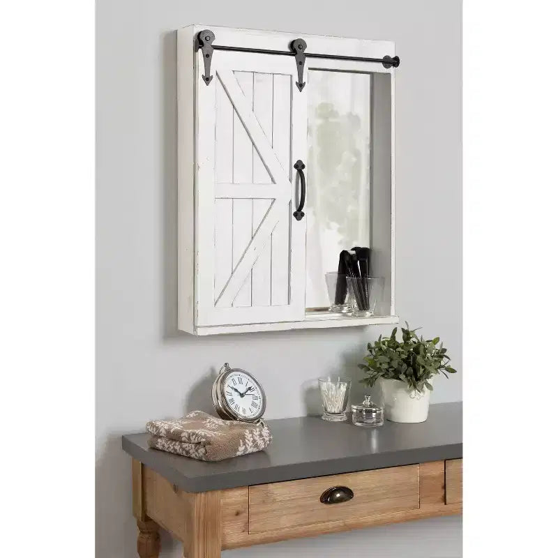 Rustic Wood Wall Storage Cabinet with Vanity Mirror & Sliding Barn Door – 3 Shelves
