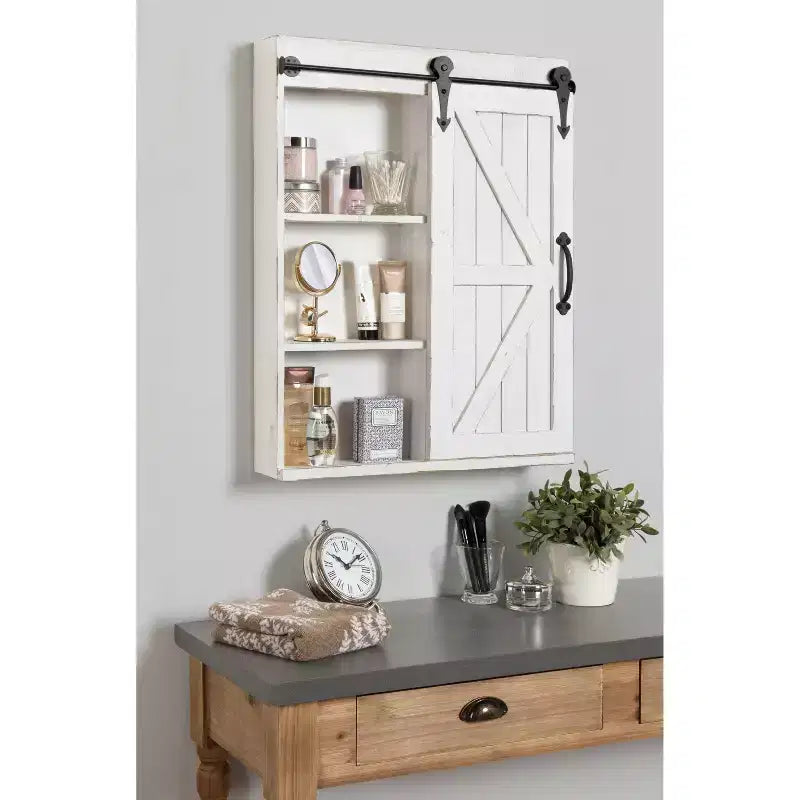 Rustic Wood Wall Storage Cabinet with Vanity Mirror & Sliding Barn Door – 3 Shelves